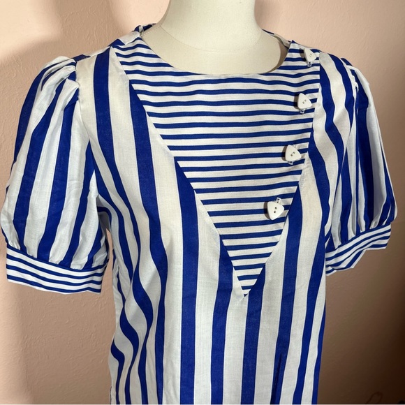 Vintage Tops - Vintage 70 80 Retro coquette girl Puff Sleeve Stripe Color Block Feminine Blouse